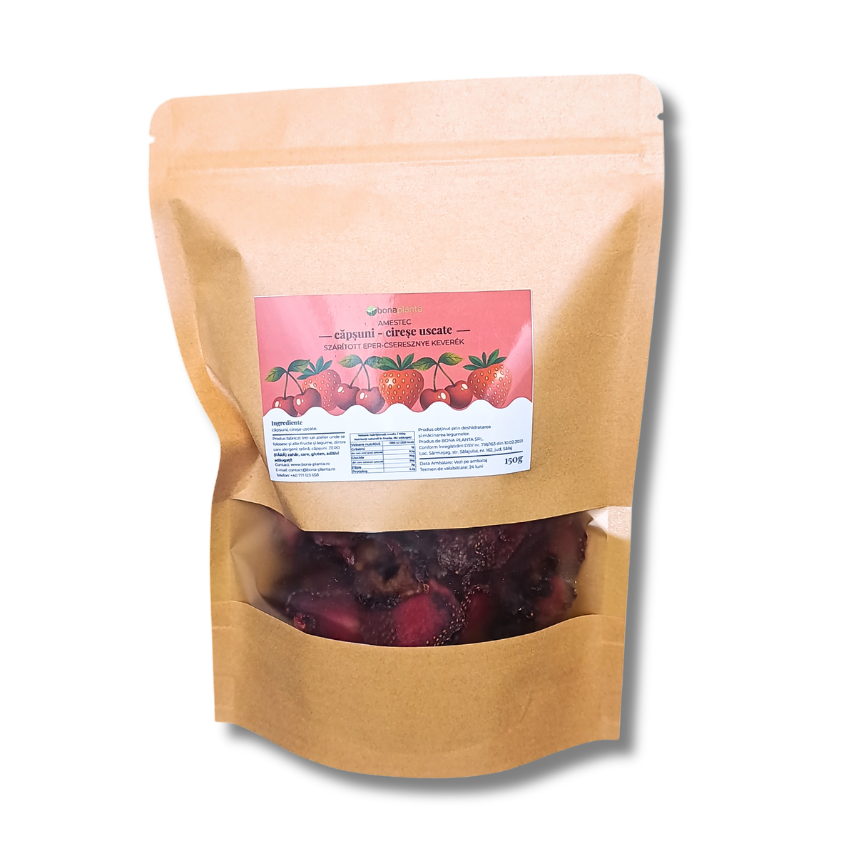 Amestec căpșuni-cireșe uscate (100 % natural) Fără sare, zahăr, aditivi, E-uri adăugați