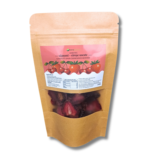 Amestec căpșuni-cireșe uscate (100 % natural)  Fără sare, zahăr, aditivi, E-uri adăugați