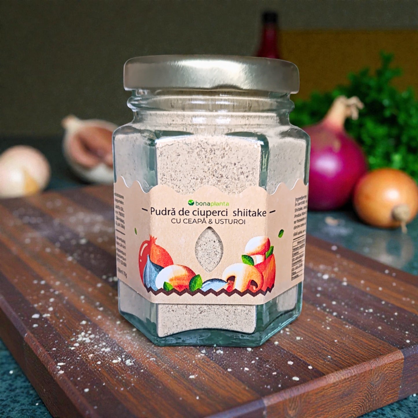 Pudră de Ciuperci Shiitake  cu ceapă și usturoi (100 % natural) - Fără sare, zahăr, aditivi, E-uri adăugați